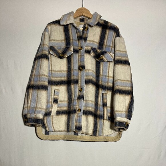 Plaid Teddy Jacket in Cream and Blue - Picture 1 of 3
